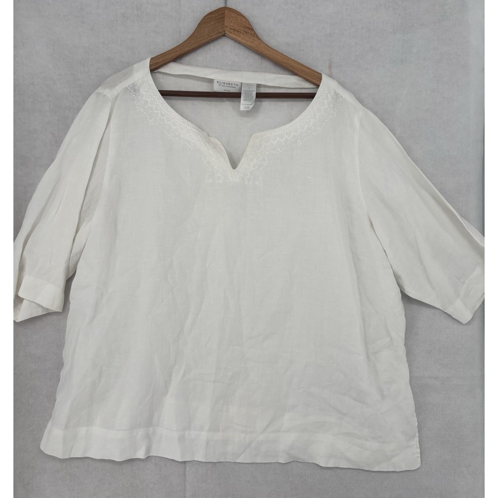 Elisabeth By Liz Claiborne Woman's Linen Blouse Size 2XP (22/24) Embroidered
